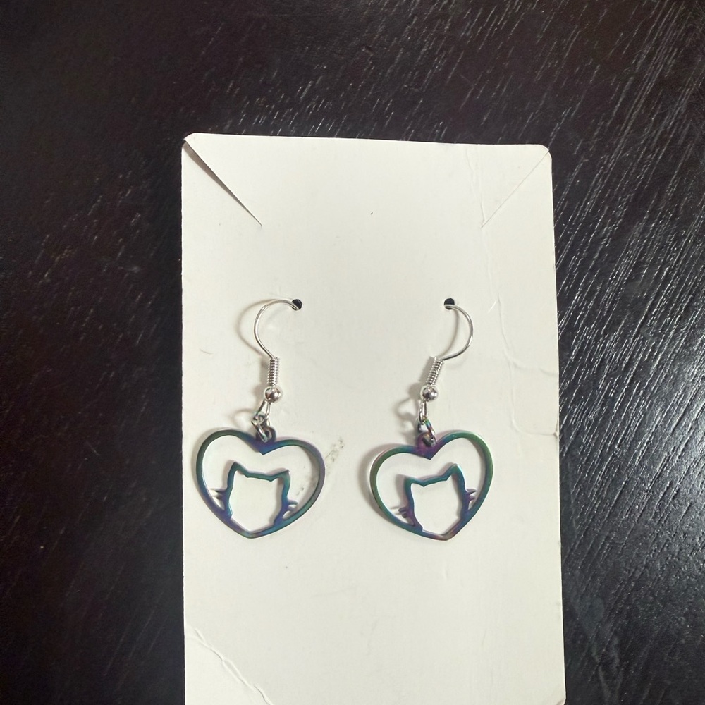 Iridescent Cat Silhouette Heart Dangle Earrings